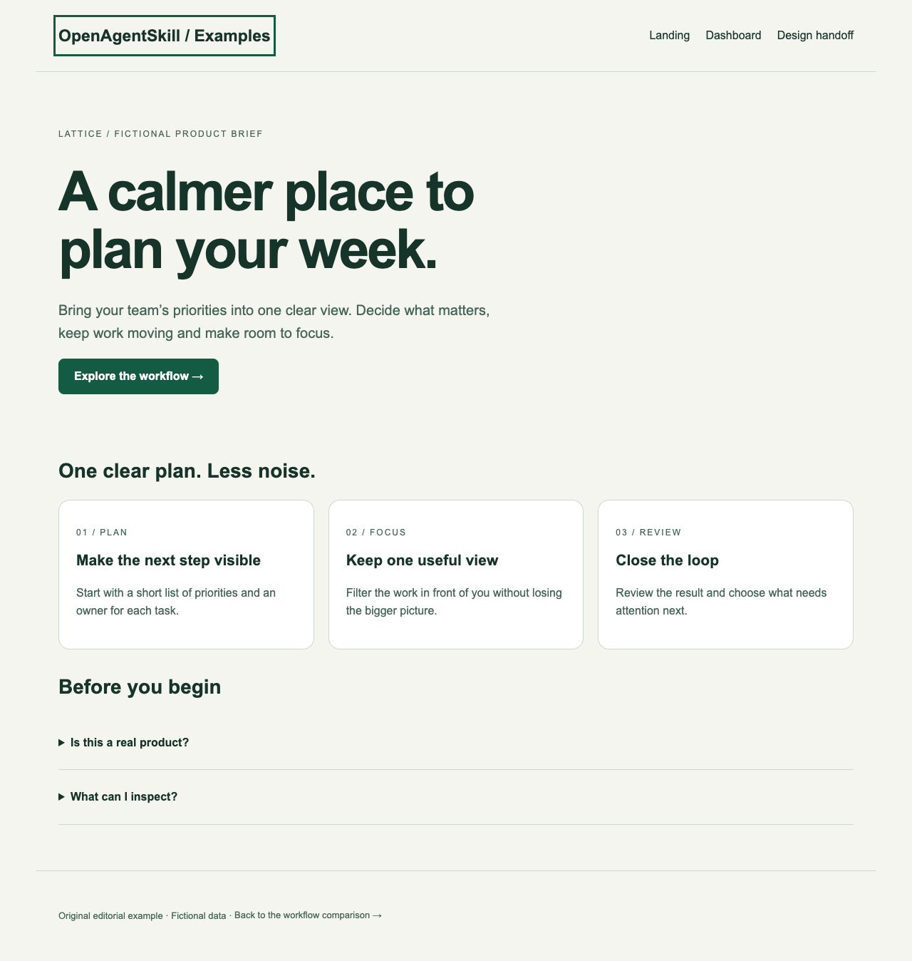 A landing page from a product brief