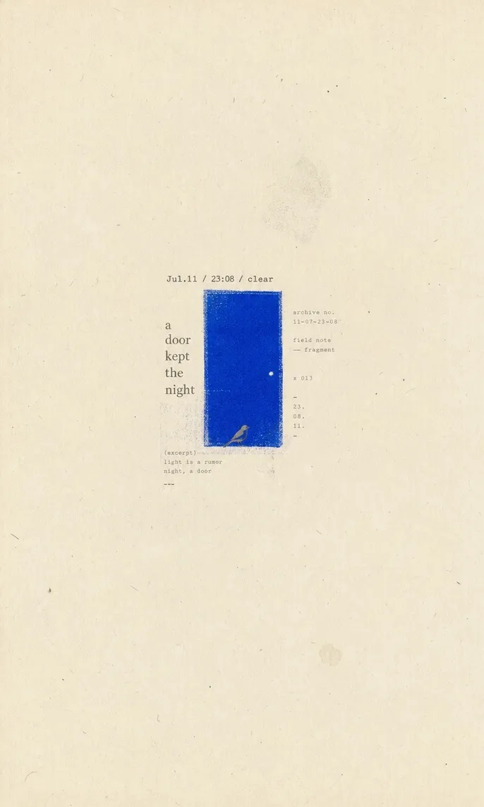 Night Door: a small blue door and restrained type on warm paper with wide margins.