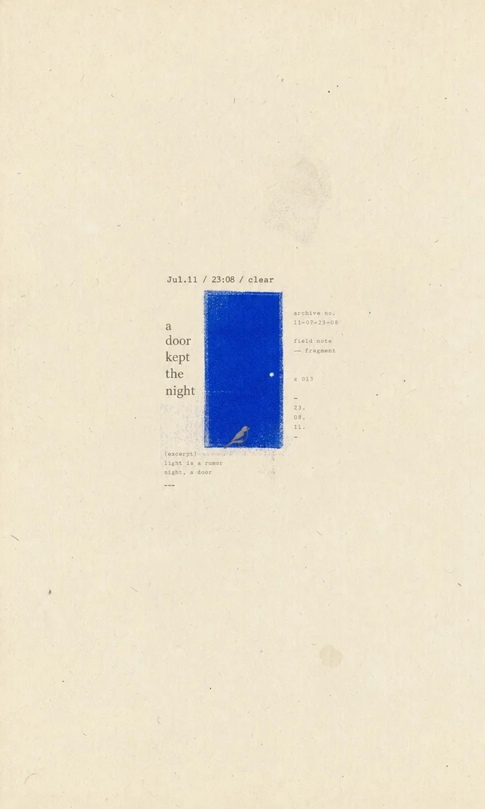Night Door: a small blue door and restrained type on warm paper with wide margins.