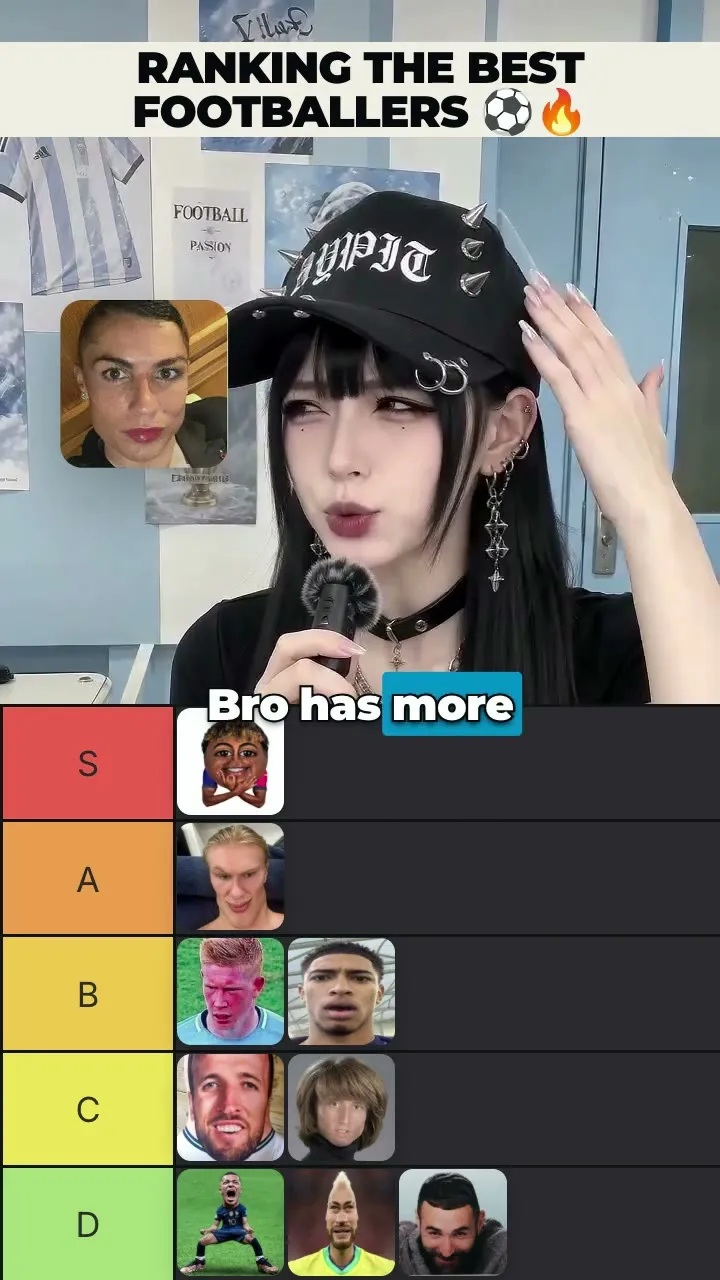 Actual frame from Hypit’s football ranking short, with a presenter, captions and tier board.