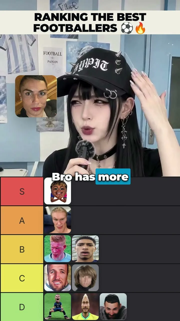 Actual frame from Hypit’s football ranking short, with a presenter, captions and tier board.