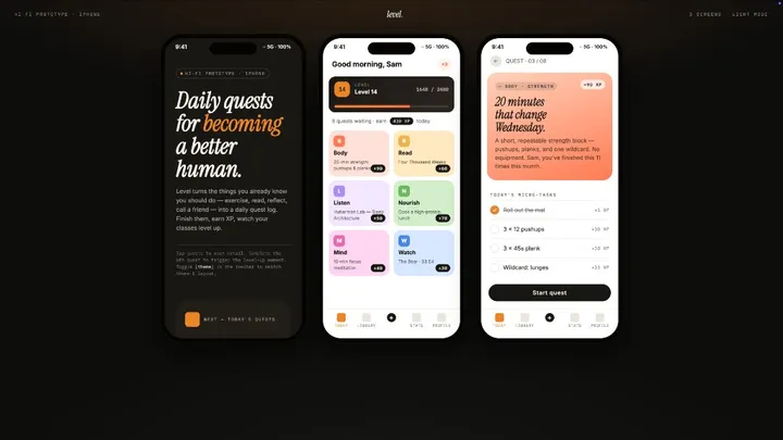 Three orange-accented mobile habit-app screens with quests and progress.