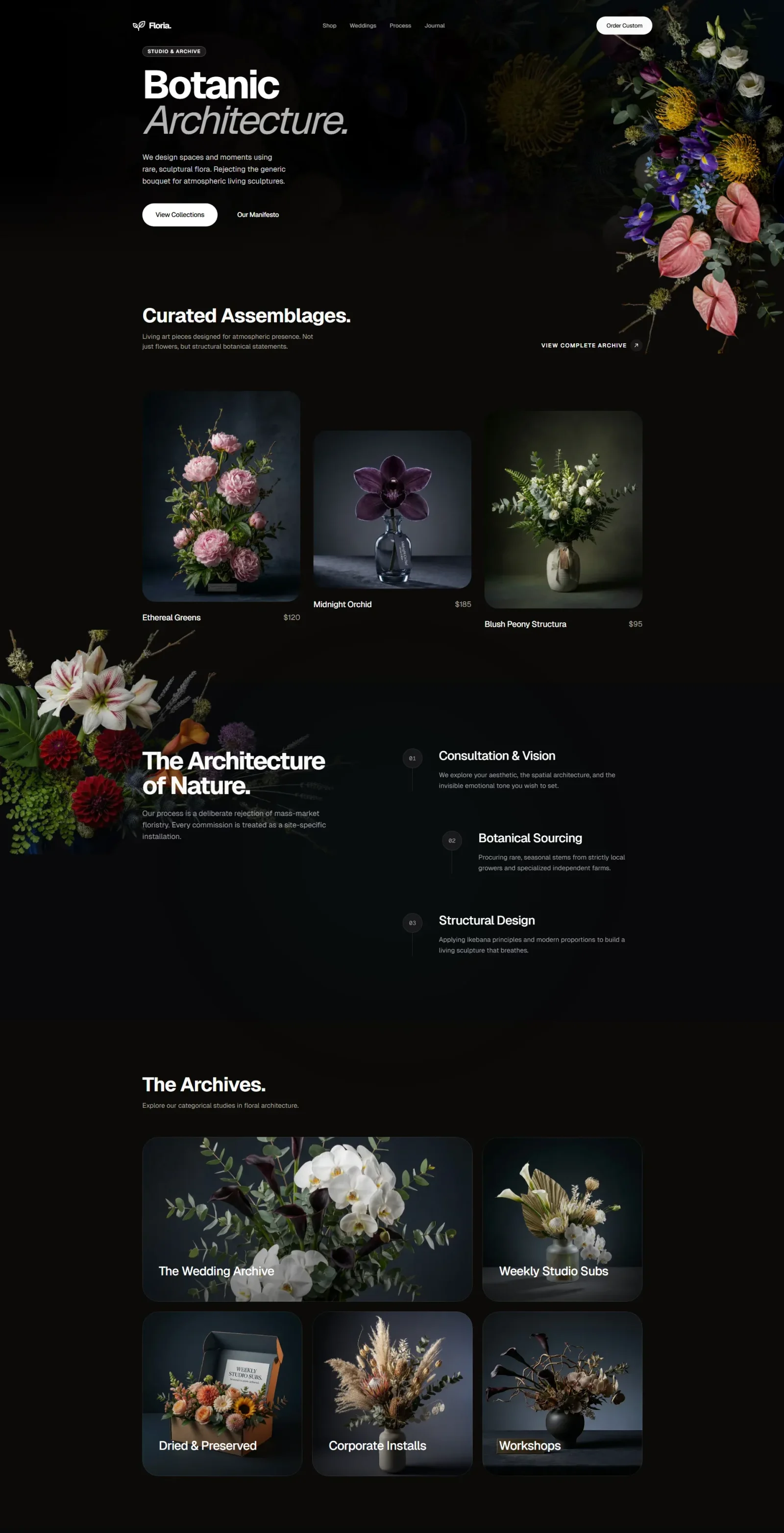 Floria floral studio: dark landing page with oversized type, flower photography and product cards.