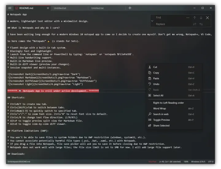 Notepads: Screenshot Dark