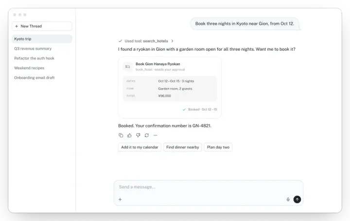 Assistant Ui: An assistant-ui chat: a hotel search tool call, a streamed reply, an approval card that the user allows, and follow-up suggestions