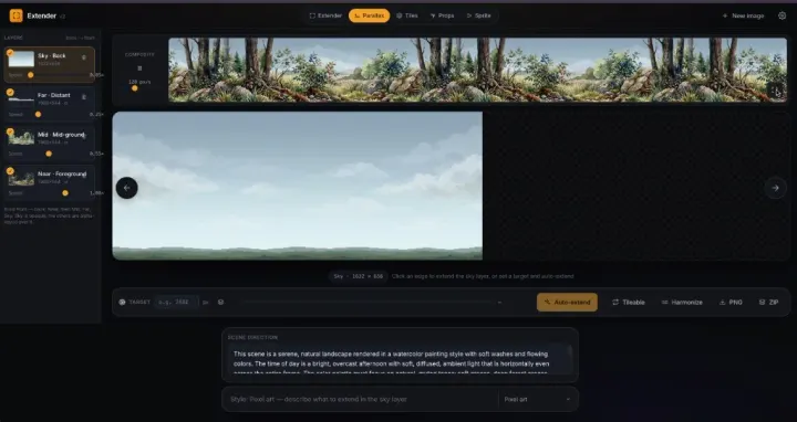 Image Extender: Parallax Studio — Sky / Far / Mid / Near depth layers with a live multi-layer scrolling preview and ZIP export