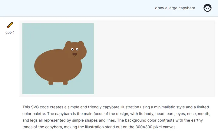 Big AGI chat displaying a capybara SVG illustration and the accompanying explanation.