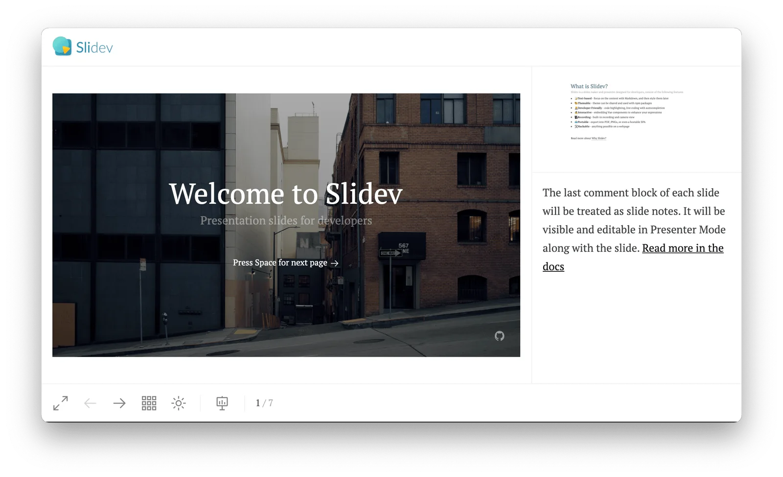 Slidev presenter view with the current slide, upcoming content and presenter controls.